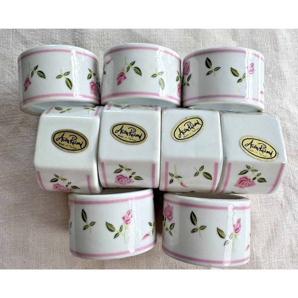 9 Porcelain Rose Napkin Rings Green / Pink, Andre Richard, Grandma Cottage Core - Picture 13 of 16